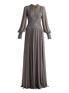 Tadashi Shoji Pleated V Neck Maxi Dress — Grey — Size XS — Front View