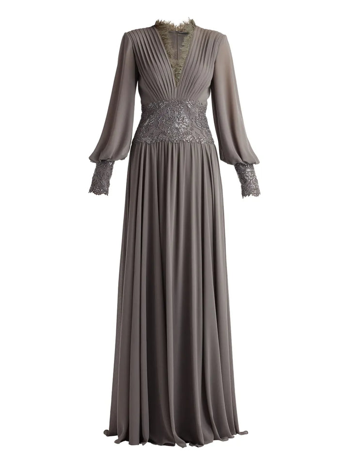 Tadashi Shoji Pleated V Neck Maxi Dress — Grey — Size XS — Front View