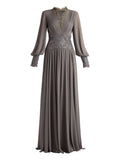 Tadashi Shoji Pleated V Neck Maxi Dress — Grey — Size XS — Front View