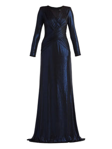 Tadashi Shoji Long Sleeve V Neck Maxi Dress — Navy — Size S — Front View