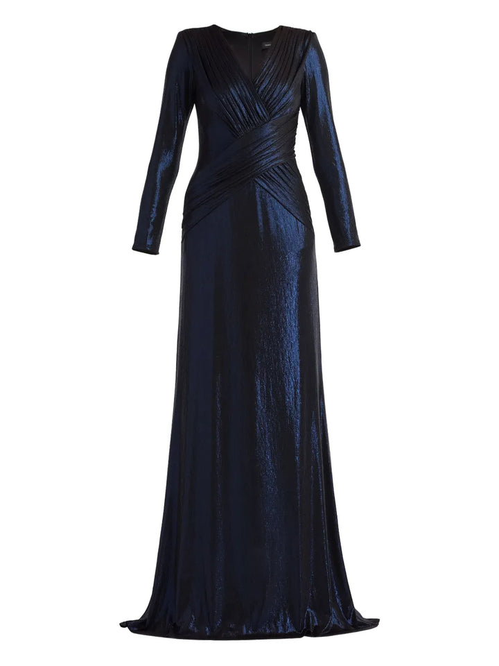 Tadashi Shoji Long Sleeve V Neck Maxi Dress — Navy — Size S — Front View