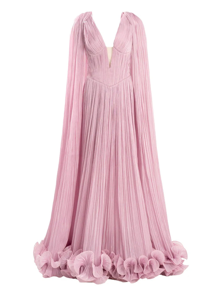 Ana Radu Cape Pleated Ruffle Maxi Dress — Pink — Size S — Front View