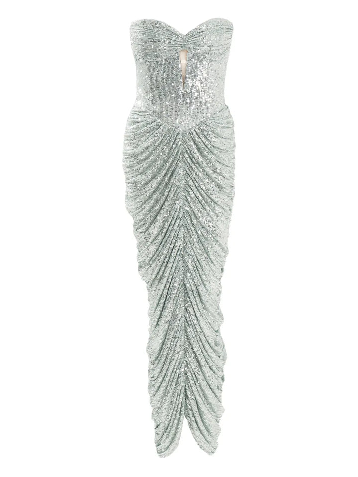 Ana Radu Sequin Embellishment Ruched Midi Dress — Silver — Size S — Front View