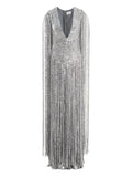 Ana Radu Sequin Embellishment Fringed Maxi Dress — Silver — Size XS — Front View