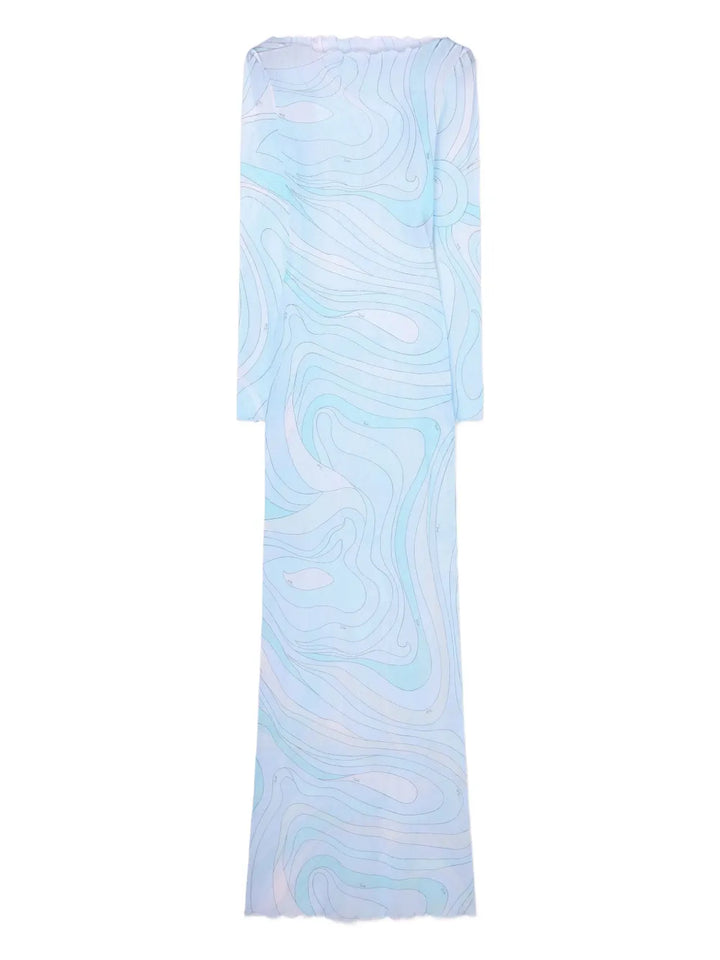 Pucci Marmo Print Tulle Maxi Dress — Blue — Size XS — Front View