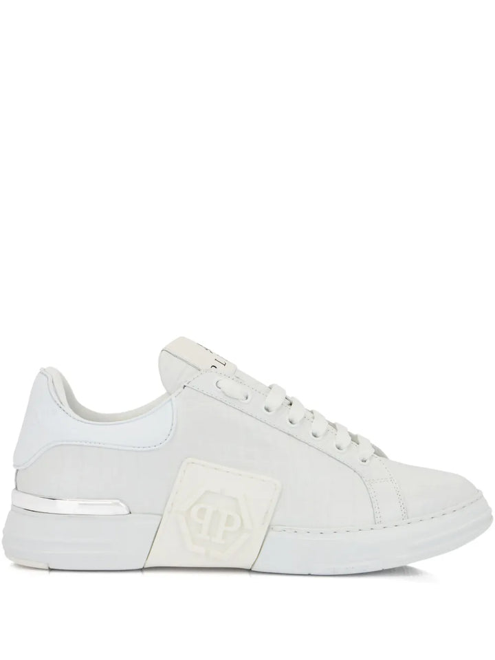 Philipp Plein Phantom Kick$ Logo-Embossed Low-Top — White — Size US M 3.5 - US W 5 — Front View