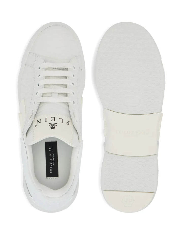 Philipp Plein Phantom Kick$ Logo-Embossed Low-Top — White — Size US M 3.5 - US W 5 — Top View