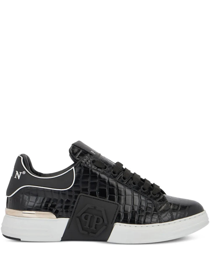 Philipp Plein Phantom Kick$ Cocco Embossed Low-Top — Black — Size US M 3.5 - US W 5 — Front View