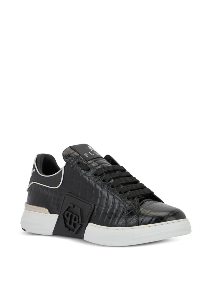 Philipp Plein Phantom Kick$ Cocco Embossed Low-Top — Black — Size US M 3.5 - US W 5 — Side View
