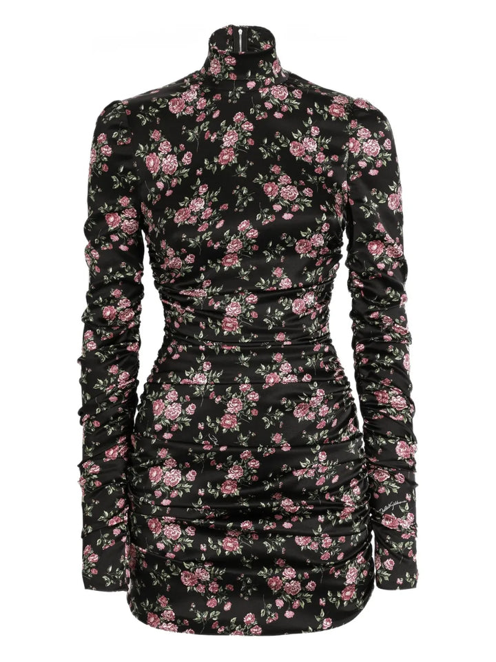 Dolce Gabbana Ruched Floral Mini Dress — Black — Size XXL — Front View