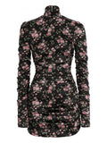Dolce Gabbana Ruched Floral Mini Dress — Black — Size XXL — Front View