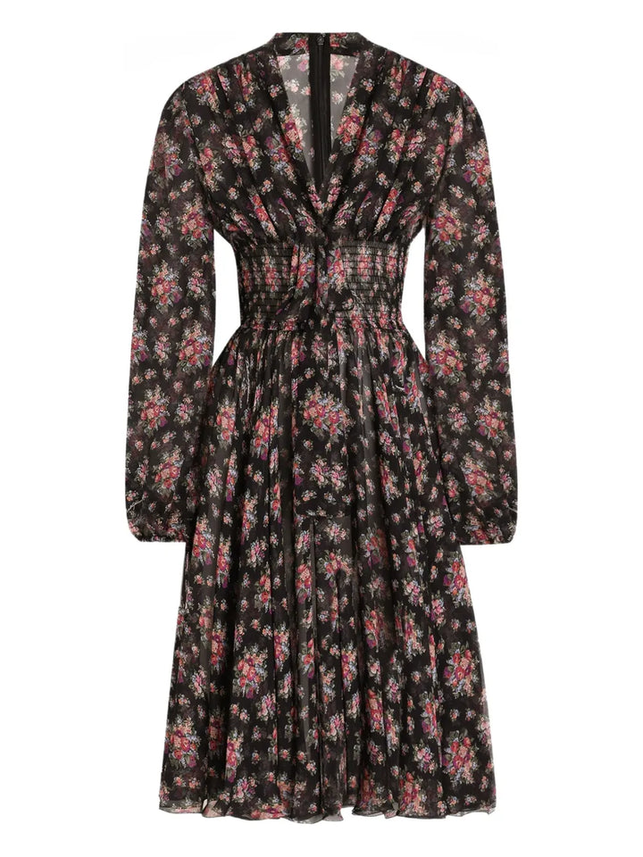 Dolce Gabbana Long Sleeves Floral Midi Dress — Black — Size XS — Front View