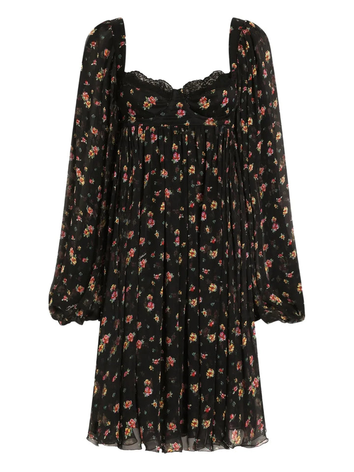 Dolce Gabbana Floral Lace Mini Dress — Black — Size XS — Front View
