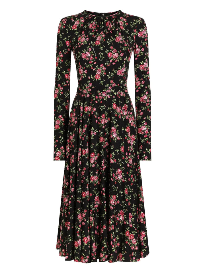 Dolce Gabbana Floral Long Sleeve Midi Dress — Black — Size XS — Front View