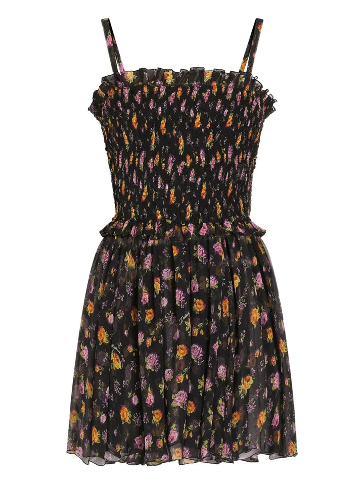 Dolce Gabbana Ruffled Floral Mini Dress — Black — Size XS — Front View