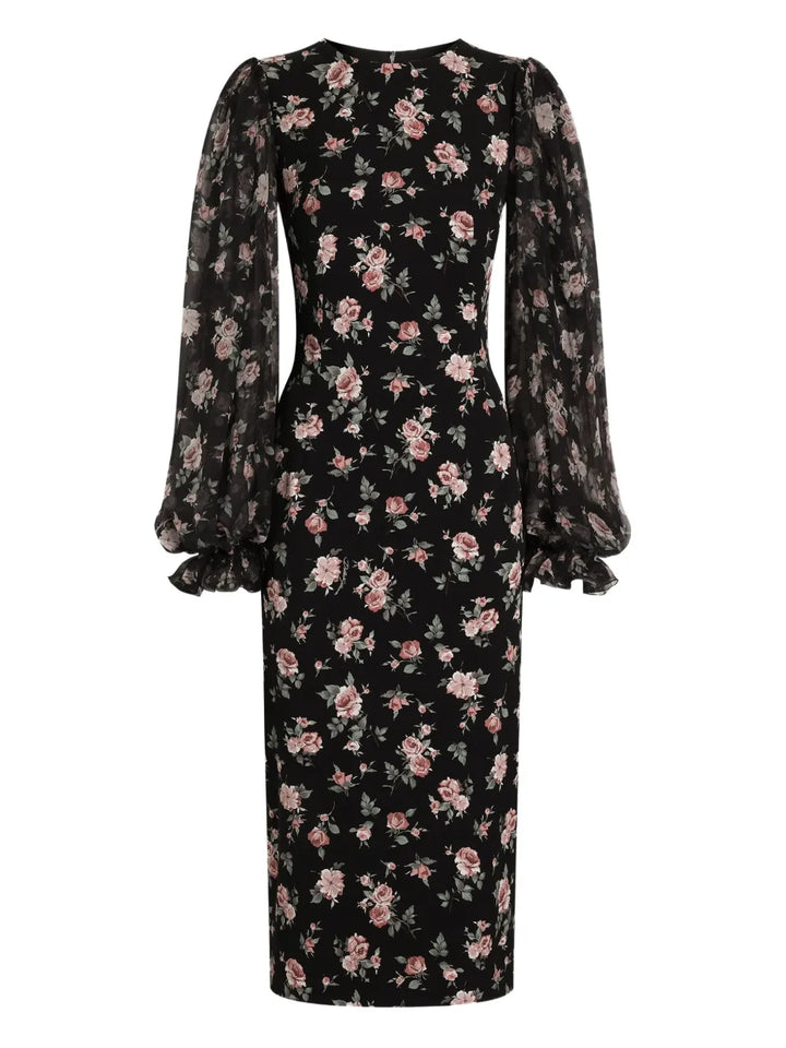 Dolce Gabbana Puff Sleeve Floral Midi Dress — Black — Size XS — Front View