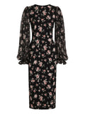 Dolce Gabbana Puff Sleeve Floral Midi Dress — Black — Size XS — Front View