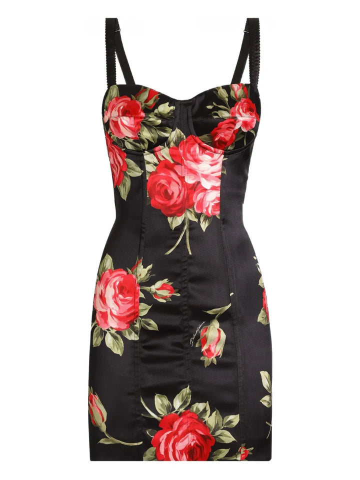 Dolce Gabbana Floral Mini Dress — Black — Size S — Front View