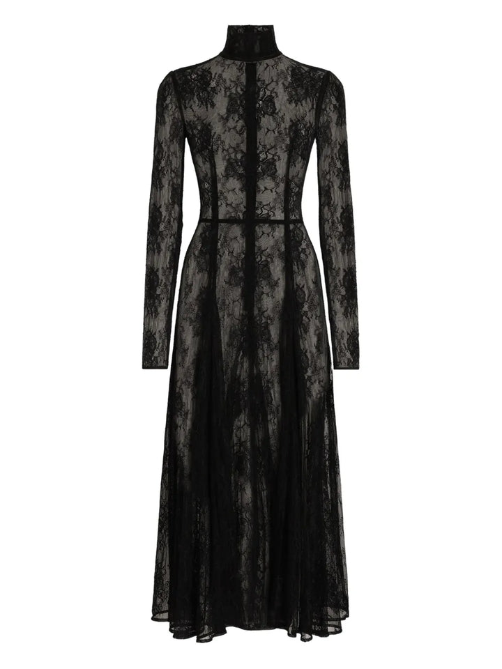 Dolce Gabbana Lace High Neck Midi Dress — Black — Size XS — Front View