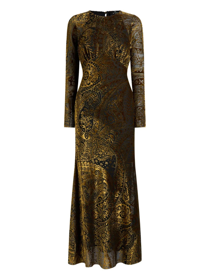 Etro Floral Paisley Velvet Maxi Dress — Gold — Size XS — Front View