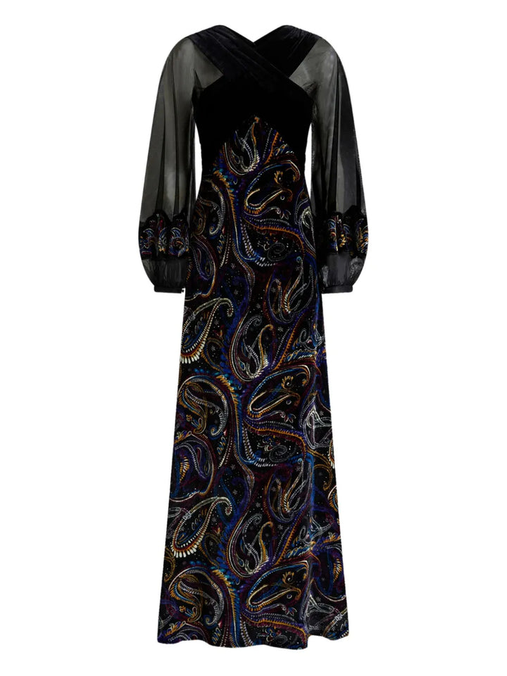 Etro Wide Puff Sleeves Maxi Dress — Black — Size XS — Front View