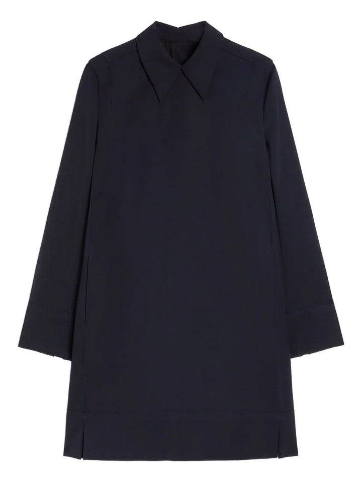 Jil Sander Pointed Collar Wool Gabardine Mini Dress — Blue — Size M — Front View