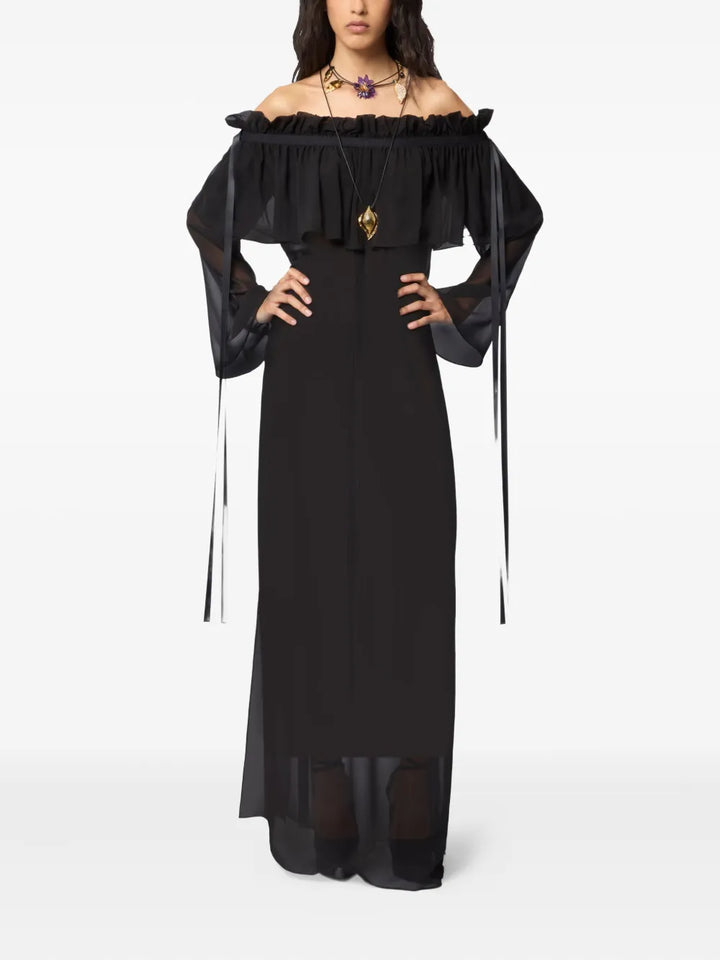 Nina Ricci Ruffled Bow Silk Maxi Dress — Black — Size XS — Front View