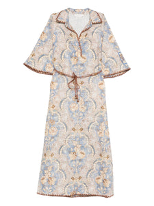 Zimmermann Daylight Print Midi Dress — Beige/ Blue — Size XXL — Front View