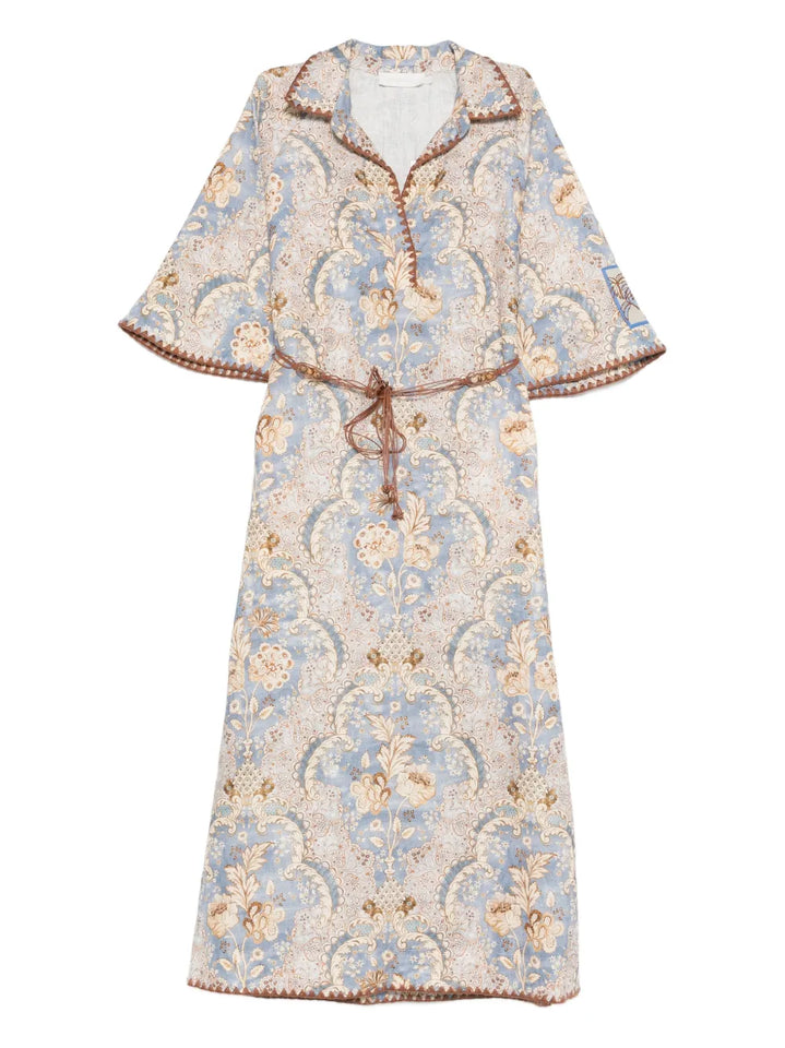 Zimmermann Daylight Print Midi Dress — Beige/ Blue — Size XXL — Front View