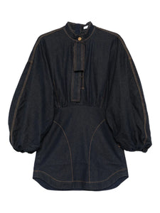 Zimmermann Bishop Sleeve Denim Mini Dress — Blue — Size XXS — Front View