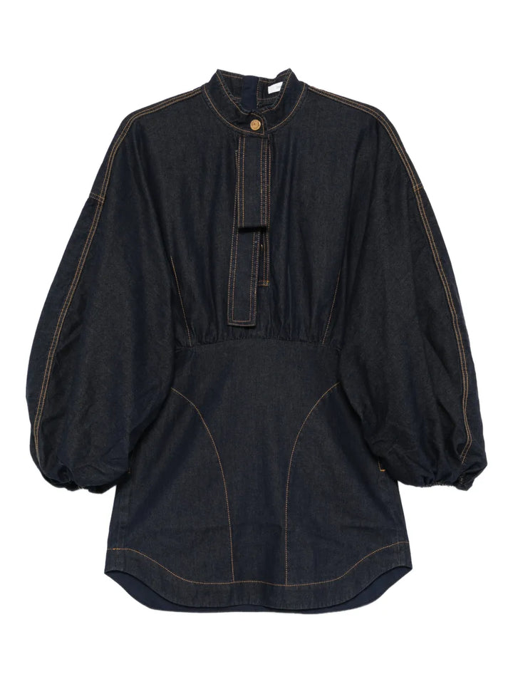 Zimmermann Bishop Sleeve Denim Mini Dress — Blue — Size XXS — Front View