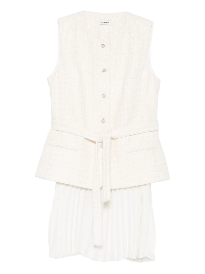 Sandro Sequin Embellished Pleated Mini Dress — White — Size S — Front View