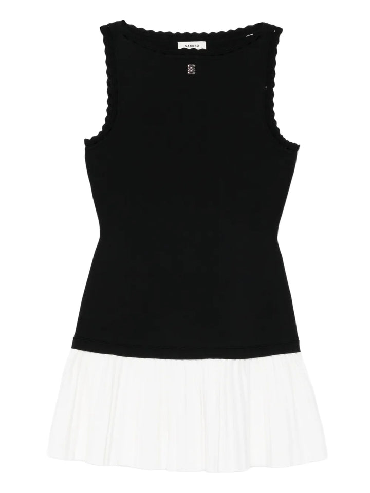 Sandro Ruffled Pleated Midi Dress — Black/ White — Size XS — Front View