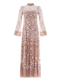 Needle Thread Sylvia Rose Long Sleeves Midi Dress — Taupe — Size XS — Front View