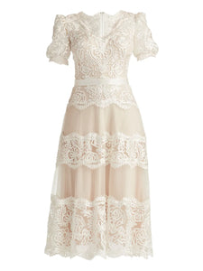 Tadashi Shoji Belline Lace Ribbon Midi Dress — Ivory — Size XS — Front View