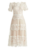 Tadashi Shoji Belline Lace Ribbon Midi Dress — Ivory — Size XS — Front View