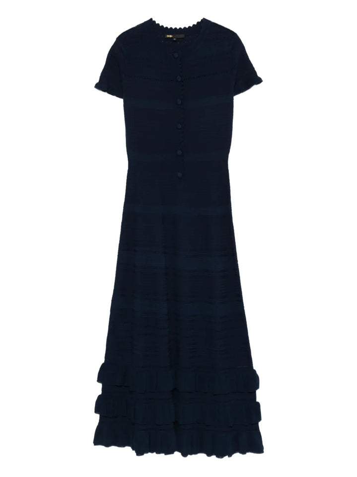 Maje Short Sleeve Knitted Midi Dress — Navy — Size S — Front View