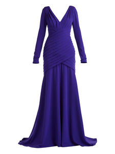 Tadashi Shoji Long Sleeve Pleated Maxi Dress — Purple — Size S — Front View