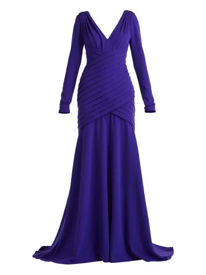 Tadashi Shoji Long Sleeve Pleated Maxi Dress — Purple — Size S — Front View