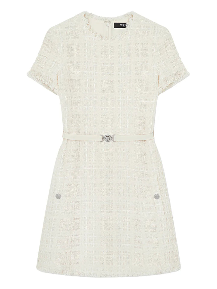 Versace Check Pattern Cotton Mini Dress — White — Size XS — Front View