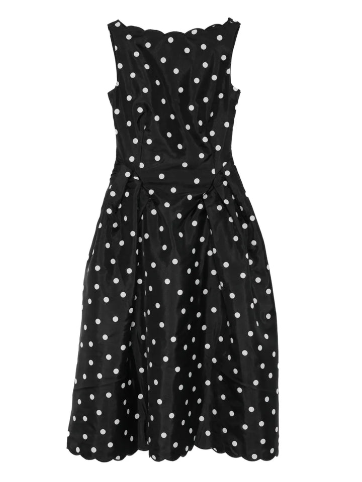 Stine Goya Polka Dot Scalloped Midi Dress — Black/ Red — Size XS — Front View