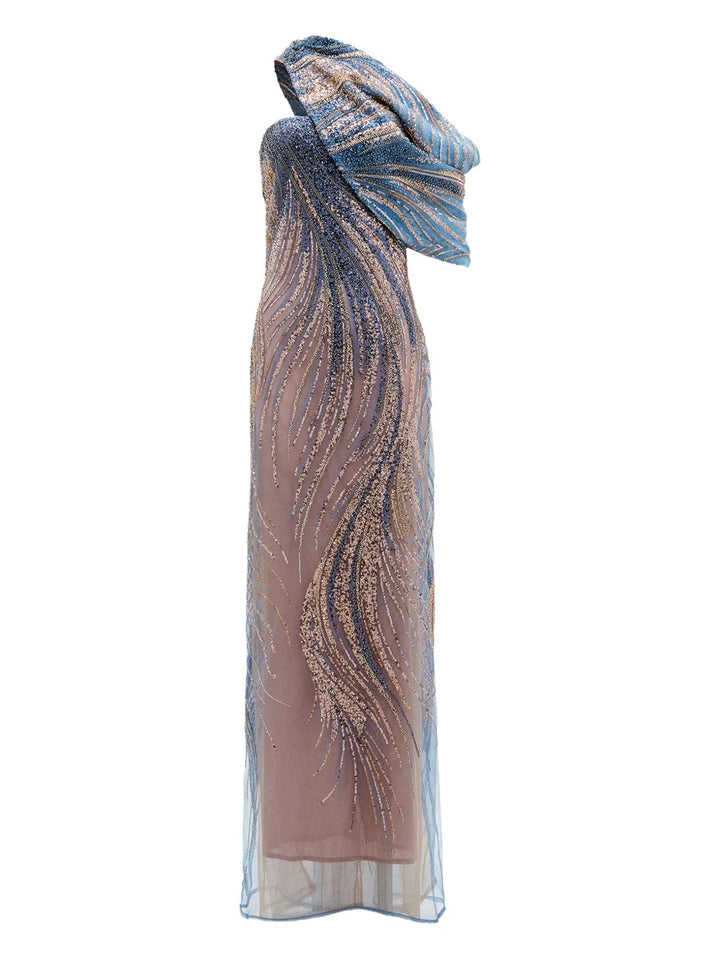 Silvia Tcherassi Rayo De Luna Sequin Draped Gown — Blue — Size S — Front View