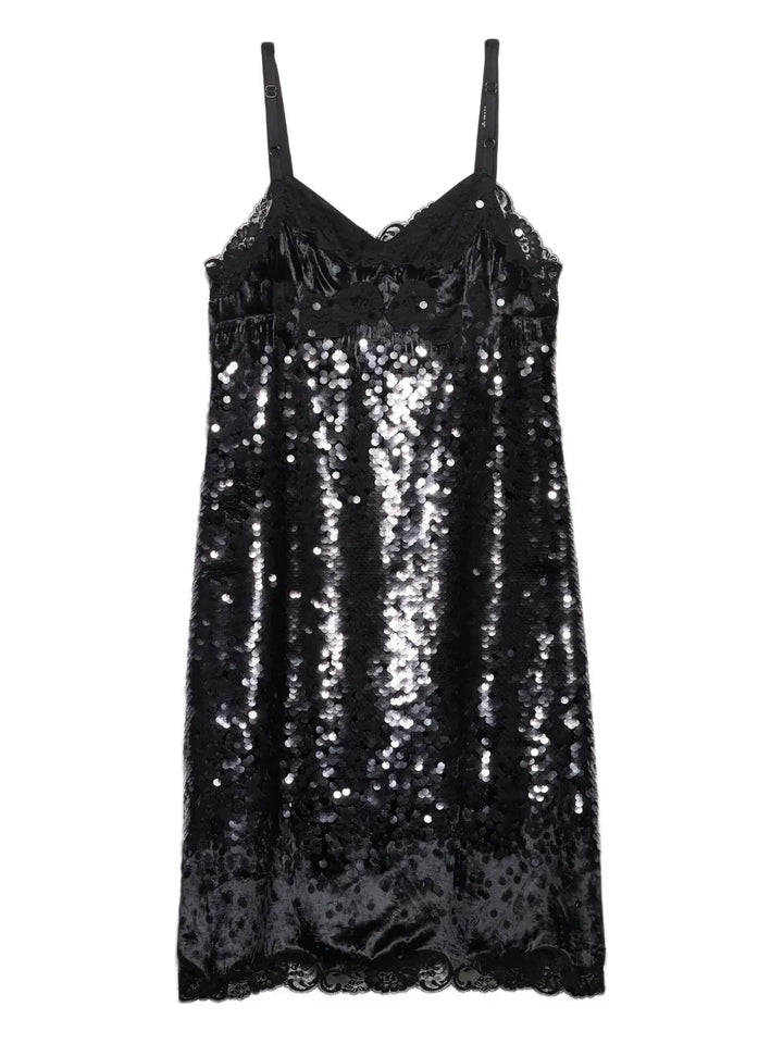 Prada Sequinned Lace Trim Velvet Midi Dress — Black — Size XS — Front View