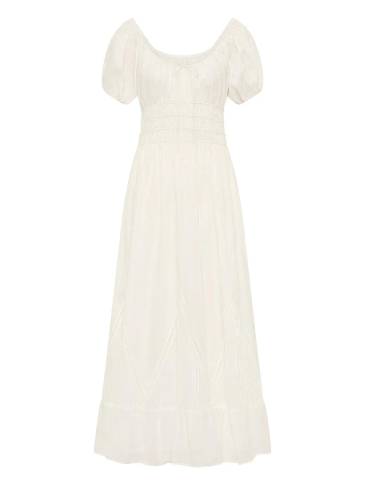 Faithfull The Brand Sunniva Puffed Sleeve Midi Dress — White/ Red — Size XS — Front View