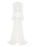 Miau By Clara Rotescu Lace Flared Maxi Dress — White/ Red — Size XS — Front View