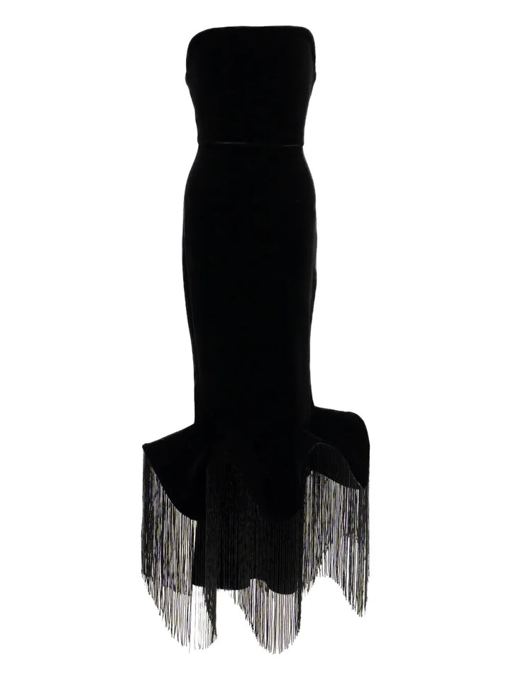 Ana Radu Fringed Hem Strapless Midi Dress — Black — Size S — Front View