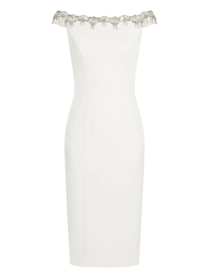 Jenny Packham Valorie Off Shoulder Midi Dress — White — Size S — Front View