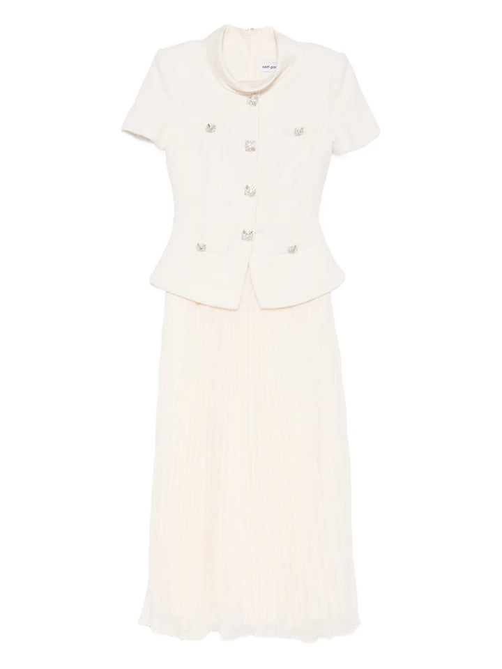 Self Portrait Panelled Midi Dress — White/ Cream — Size L — Front View