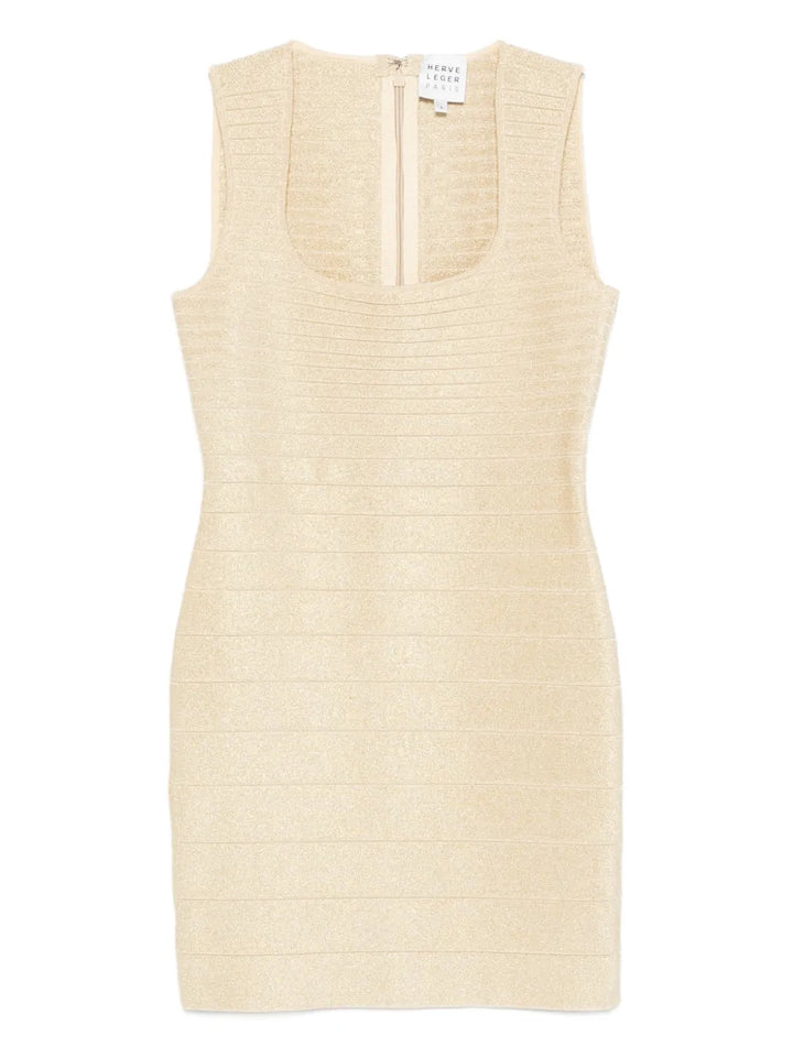 Herve Leger Mirabel Ribbed Mini Dress — Gold — Size S — Front View