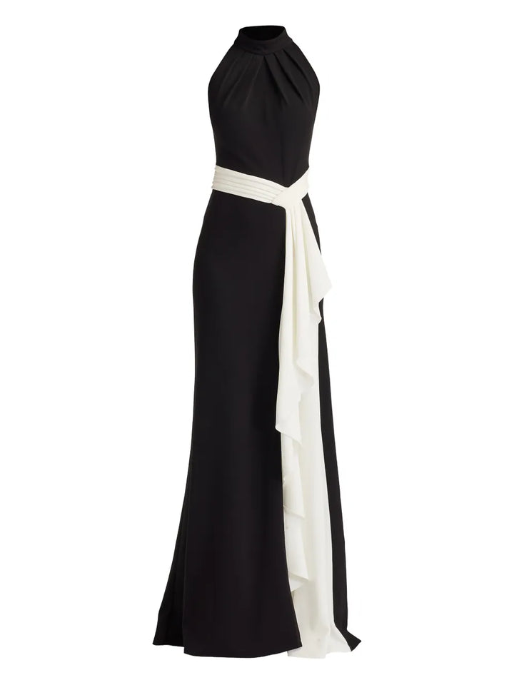 Tadashi Shoji Halterneck Draped Gown — Black — Size M — Front View